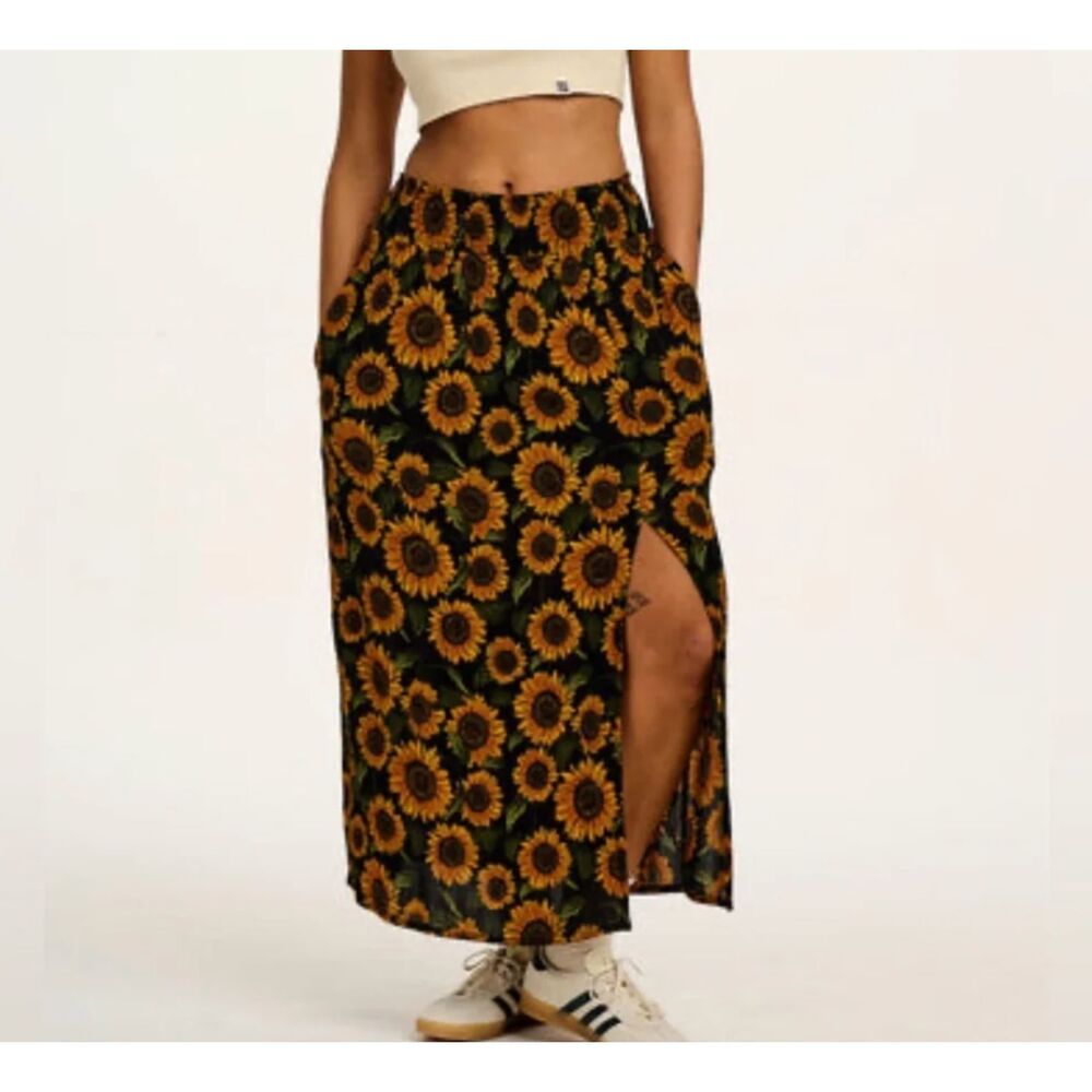 Lucy and Yak Sunflower Poppy Midi Skirt Floral Pleated, Size XS